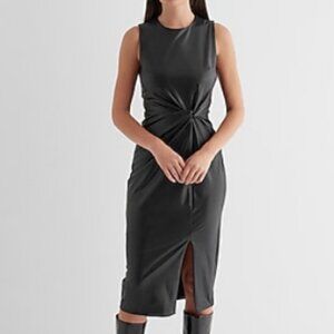 Express Body Contour Faux Leather Twist Front Midi Sheath Dress